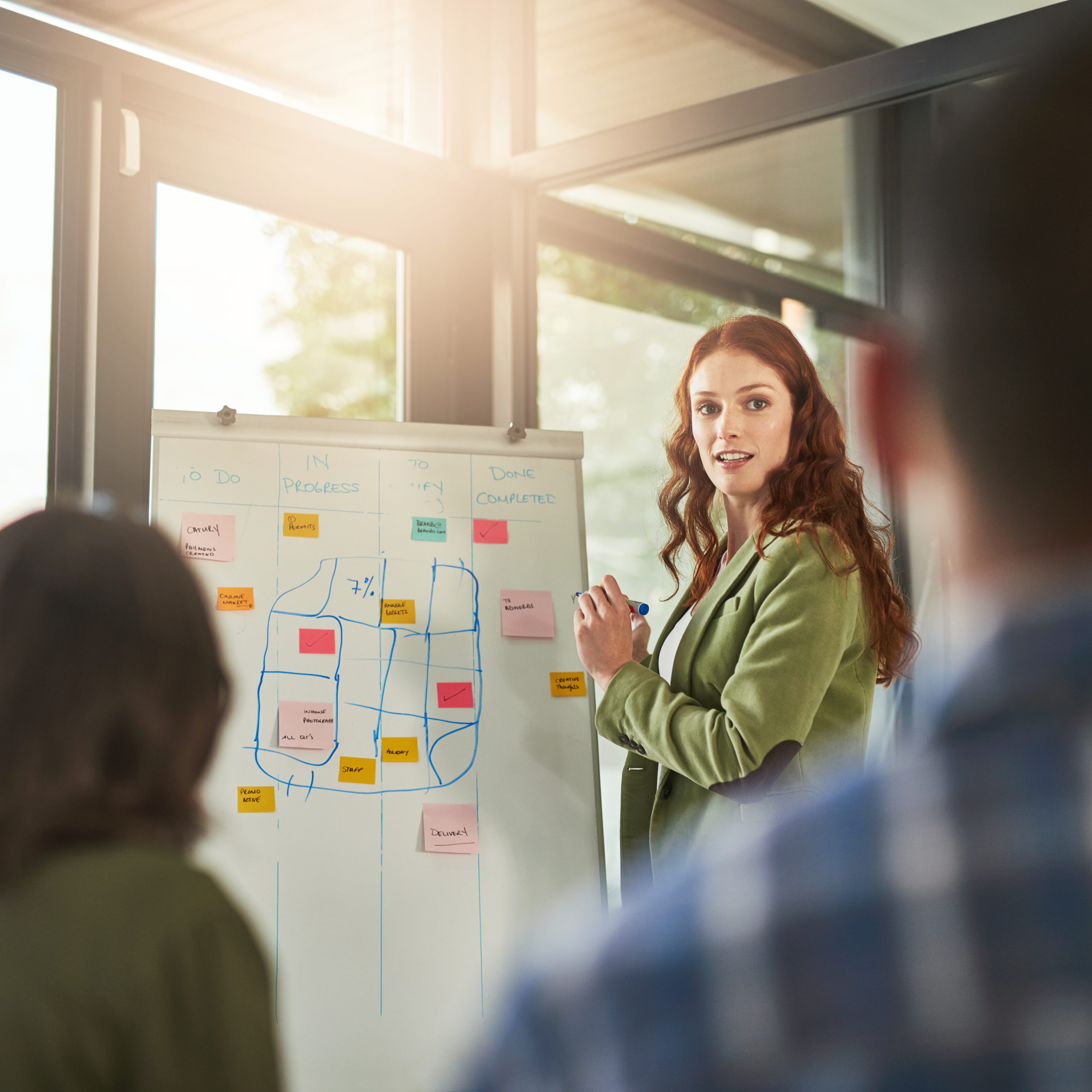 A person leading a collaborative session using post-it notes and flipchart